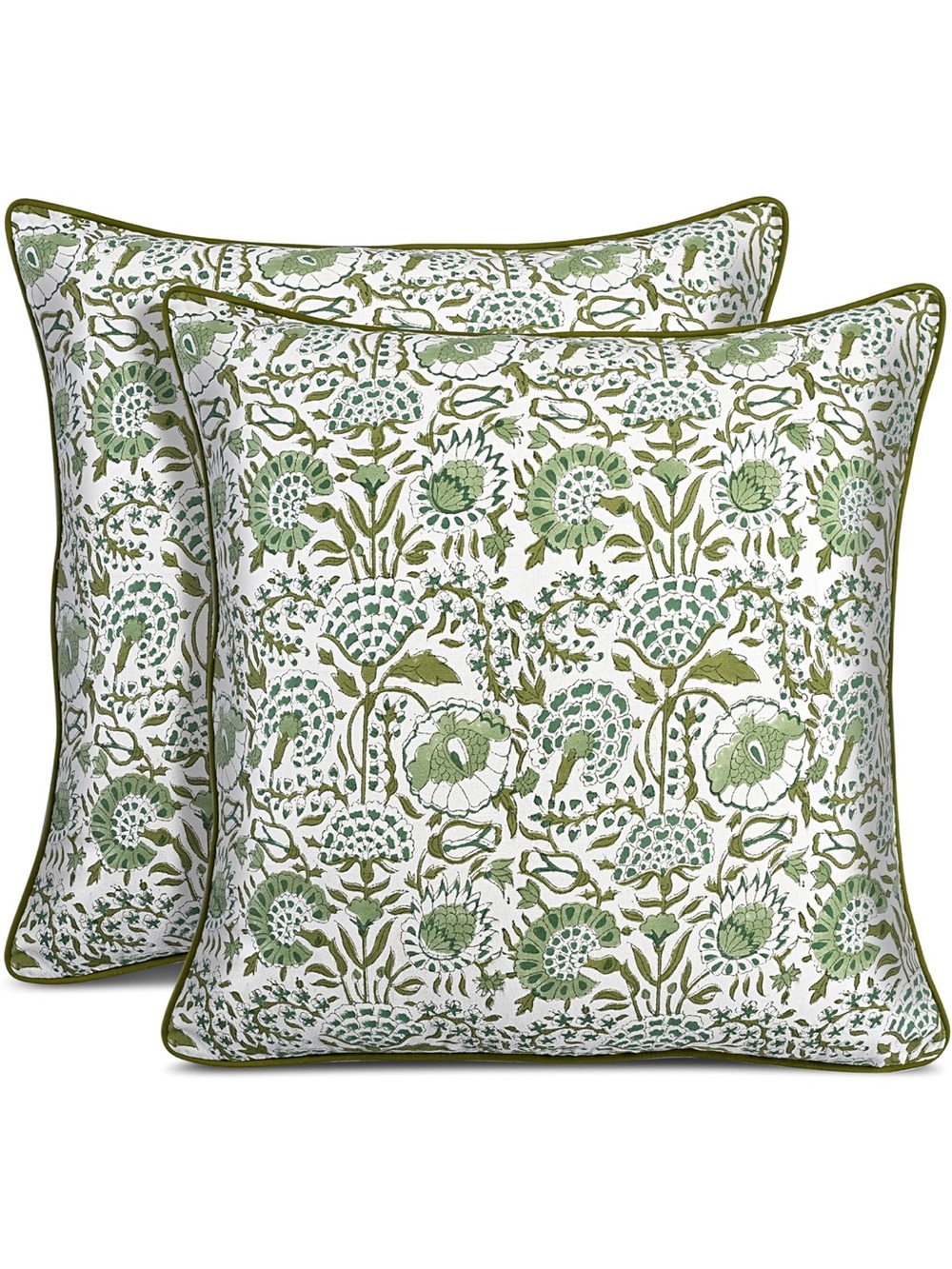 Cotton Print Club Green Floral Print Toss Pillow Covers Olive Piping - Set of 2